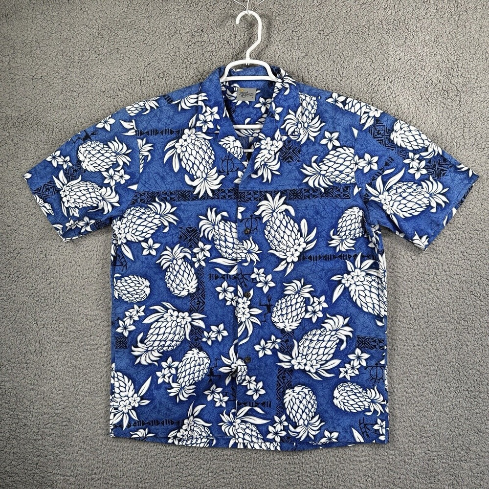 Royal Creations Blue Hawaiian Aloha Camp Shirt Pineapples‎ Palms Size L Vacation